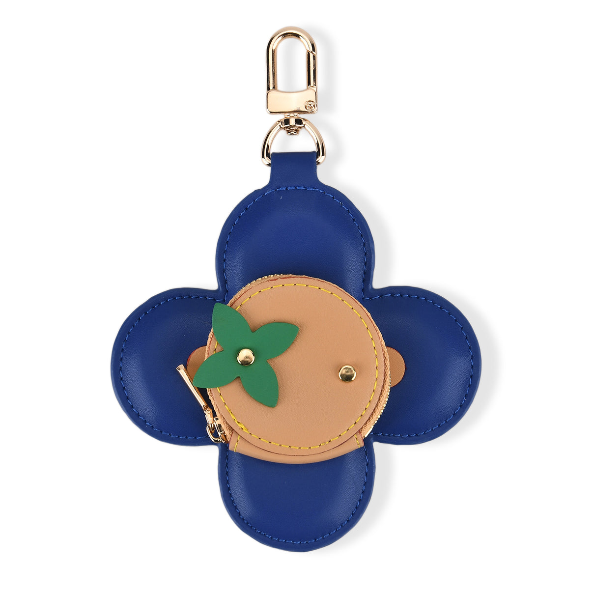 Genuine Leather Flower Coin Purse &amp; Keychain Bag Charm - Zipped Mini Coin Purse - Blue &amp; Khaki V32512808 0