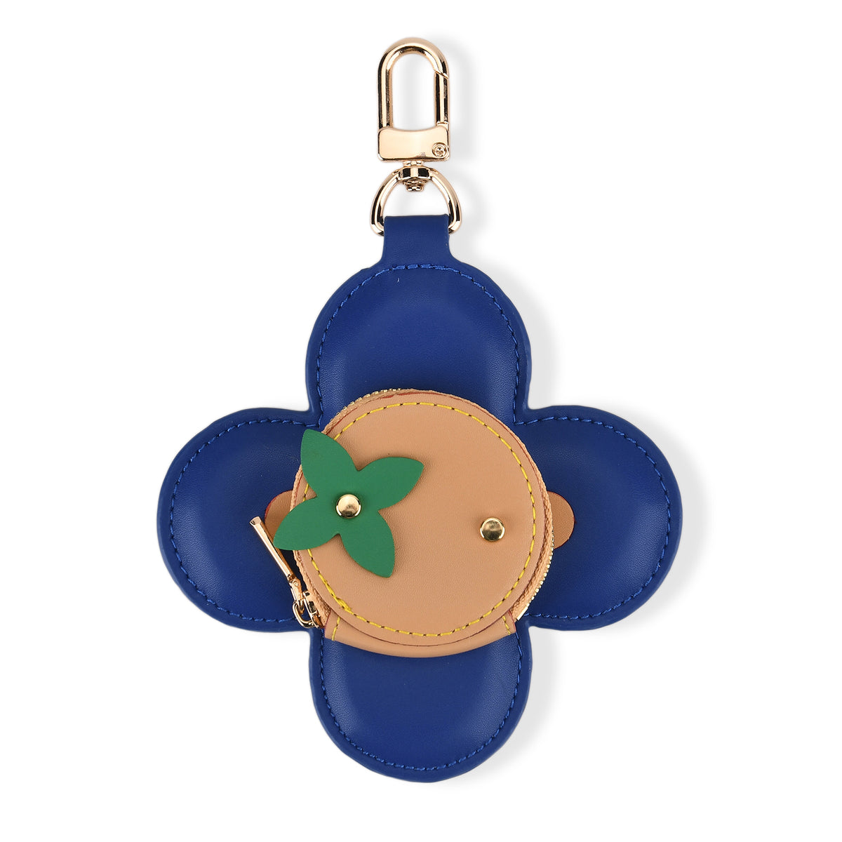 Genuine Leather Flower Coin Purse &amp; Keychain Bag Charm - Zipped Mini Coin Purse - Blue &amp; Khaki V32512808 0