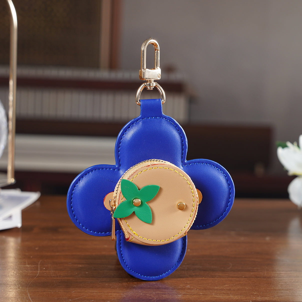 Genuine Leather Flower Coin Purse &amp; Keychain Bag Charm - Zipped Mini Coin Purse - Blue &amp; Khaki V32512808 2