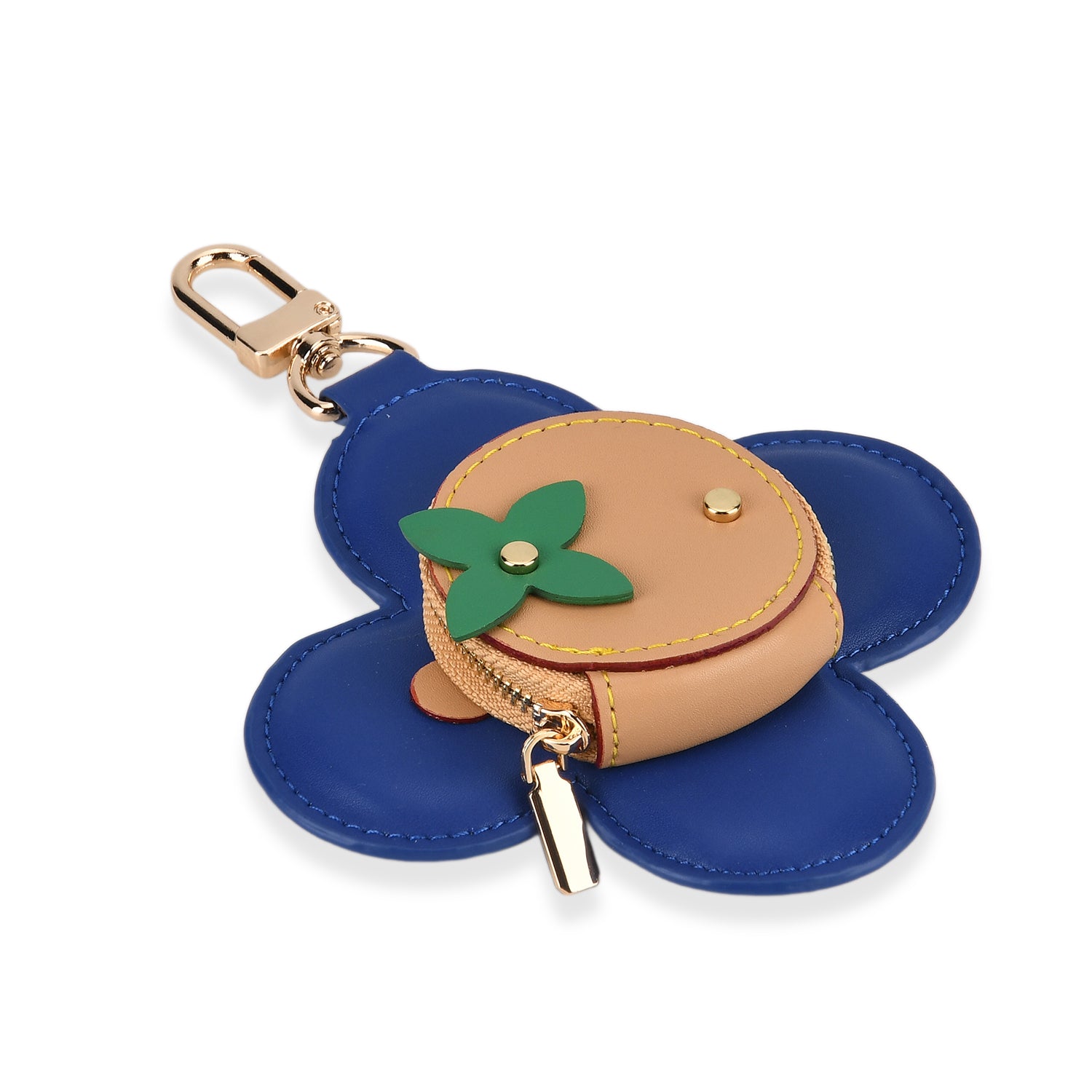 Genuine Leather Flower Coin Purse &amp; Keychain Bag Charm - Zipped Mini Coin Purse - Blue &amp; Khaki V32512808 3