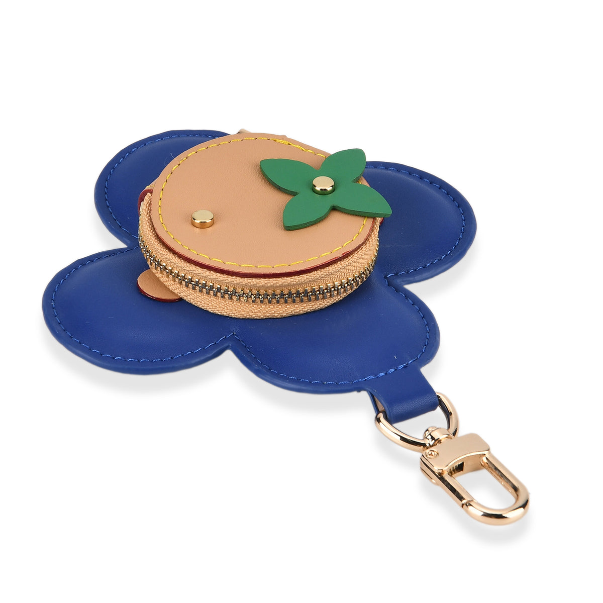 Genuine Leather Flower Coin Purse &amp; Keychain Bag Charm - Zipped Mini Coin Purse - Blue &amp; Khaki V32512808 4
