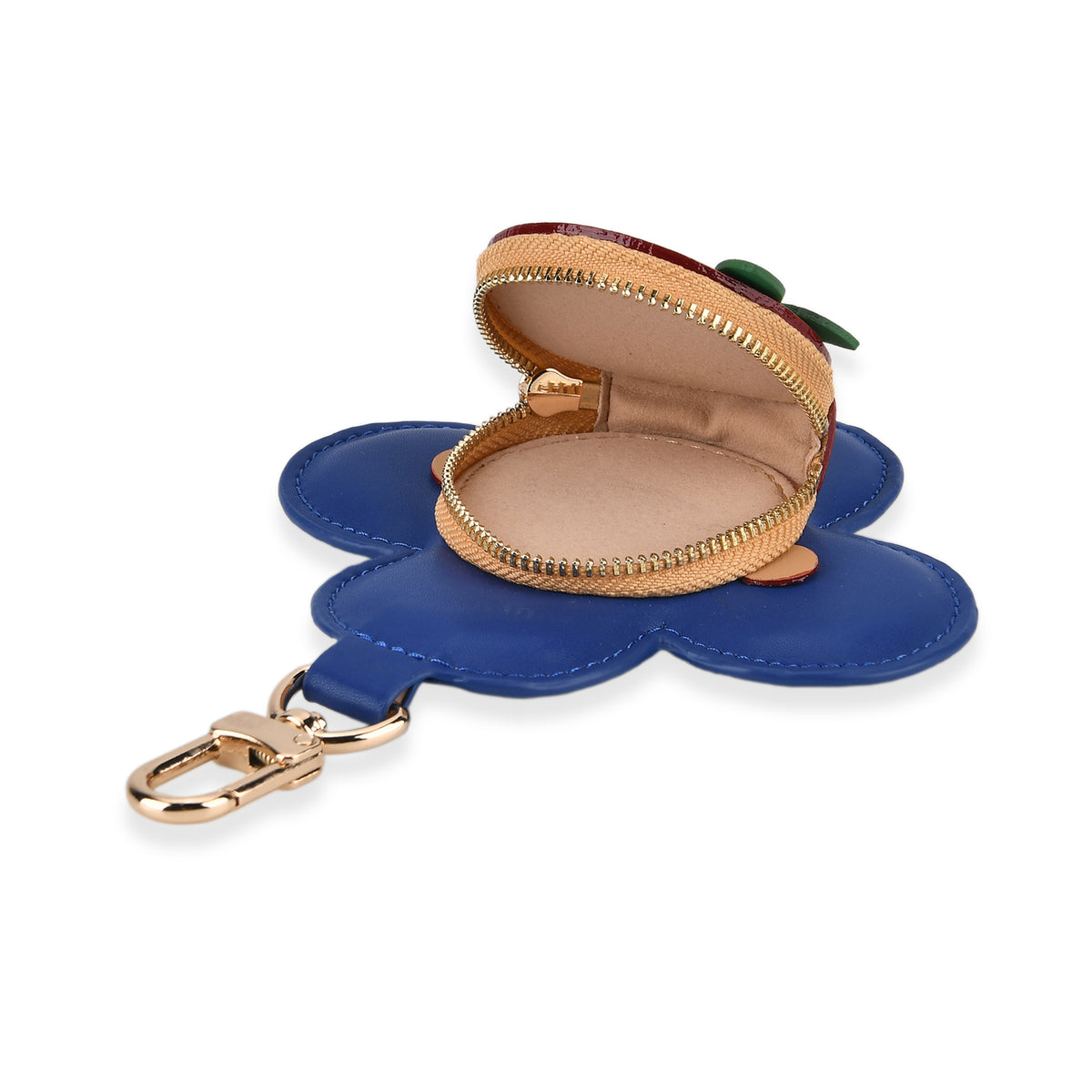 Genuine Leather Flower Coin Purse &amp; Keychain Bag Charm - Zipped Mini Coin Purse - Blue &amp; Khaki V32512808 5