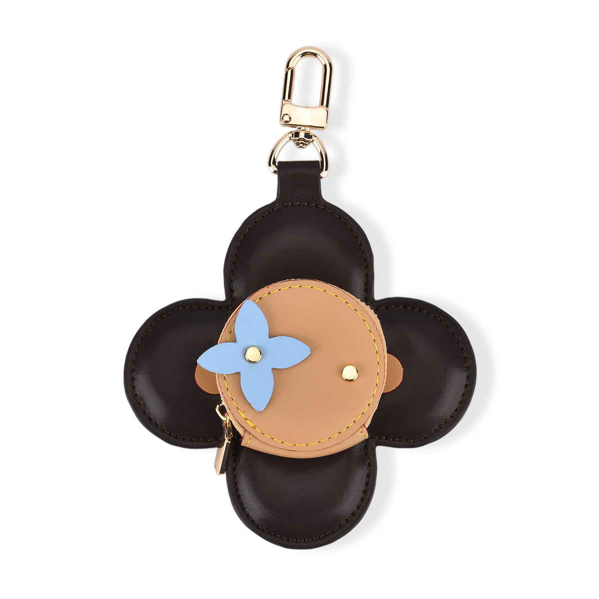 Genuine Leather Flower  Coin Purse &amp; Keychain Bag Charm - Zipped Mini Coin Purse - Brown &amp; Khaki V32514338 0