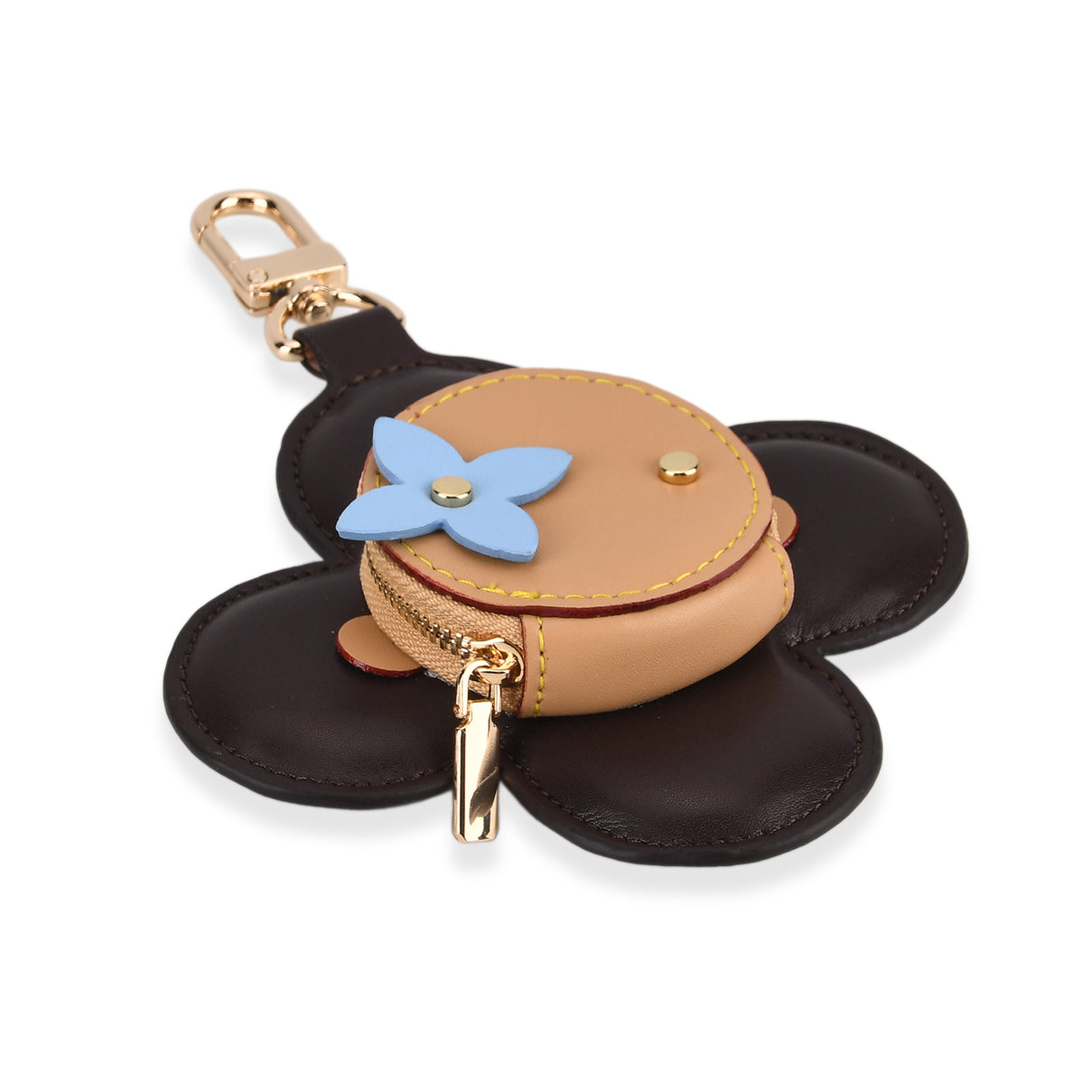 Genuine Leather Flower  Coin Purse &amp; Keychain Bag Charm - Zipped Mini Coin Purse - Brown &amp; Khaki V32514338 3
