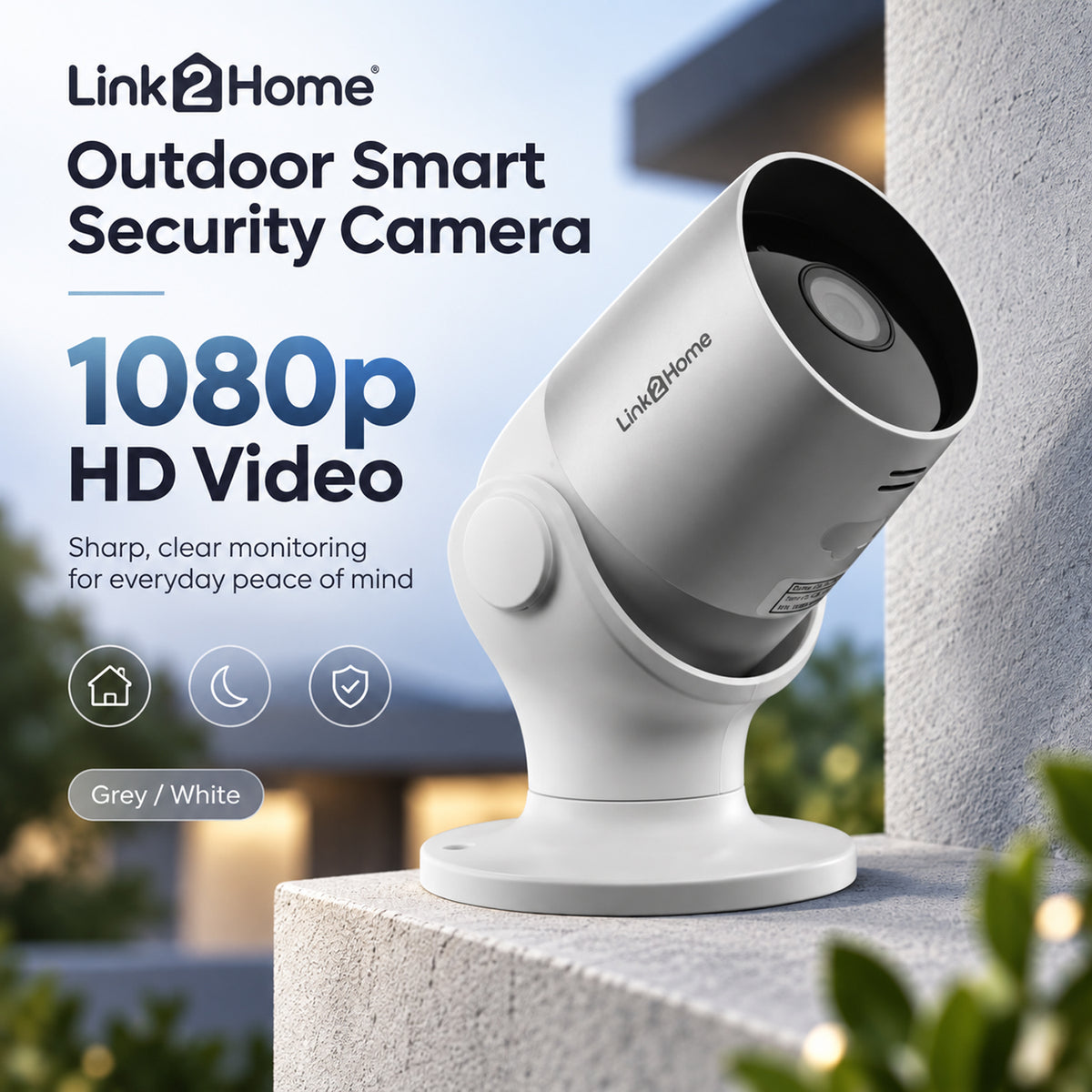 LIQUIDATION DEAL - Link2Home Outdoor Smart Security Camera - Image Sensor - 1080p HD Video, Weatherproof, 2 Way Audio, Smartphone/Tablet Compatible - Grey/White V32597974 1