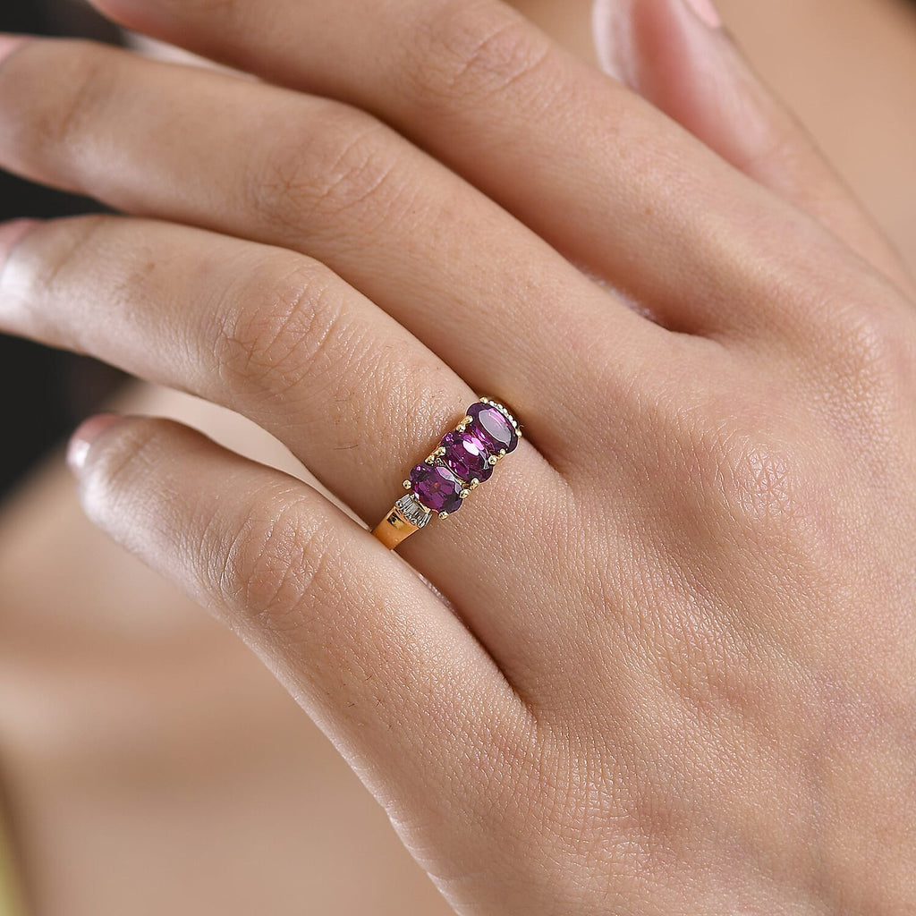 D'Joy Natural Radiant Ember Garnet & Natural White Diamond Trilogy Ring in 18K Gold Vermeil Sterling Silver 1.73 Ct._8433650_2