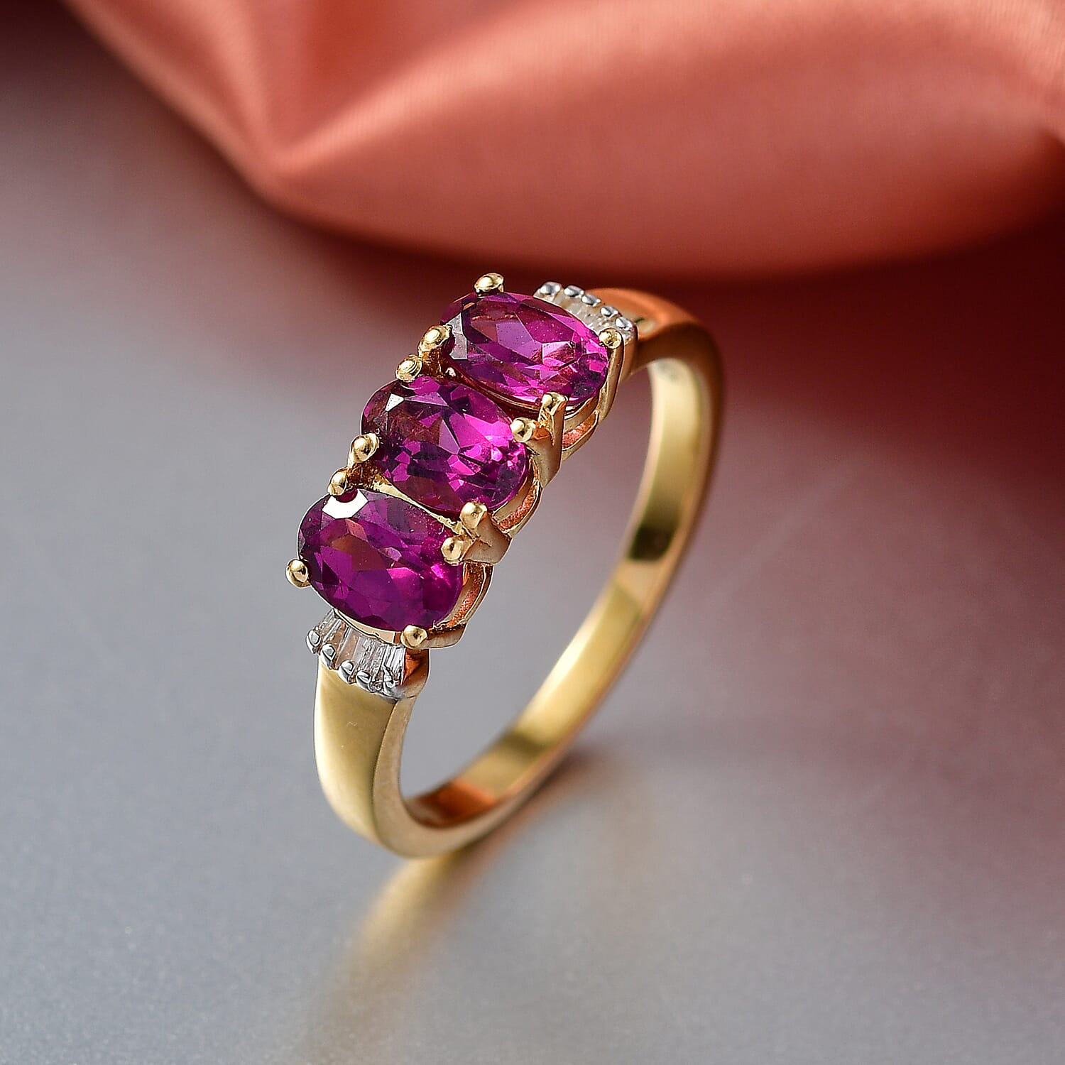D'Joy Radiant Ember Garnet, White Diamond 3 Stone Ring in 18K Vermeil Yellow Gold Plated Sterling Silver 1.73 Ct. V32538583 2