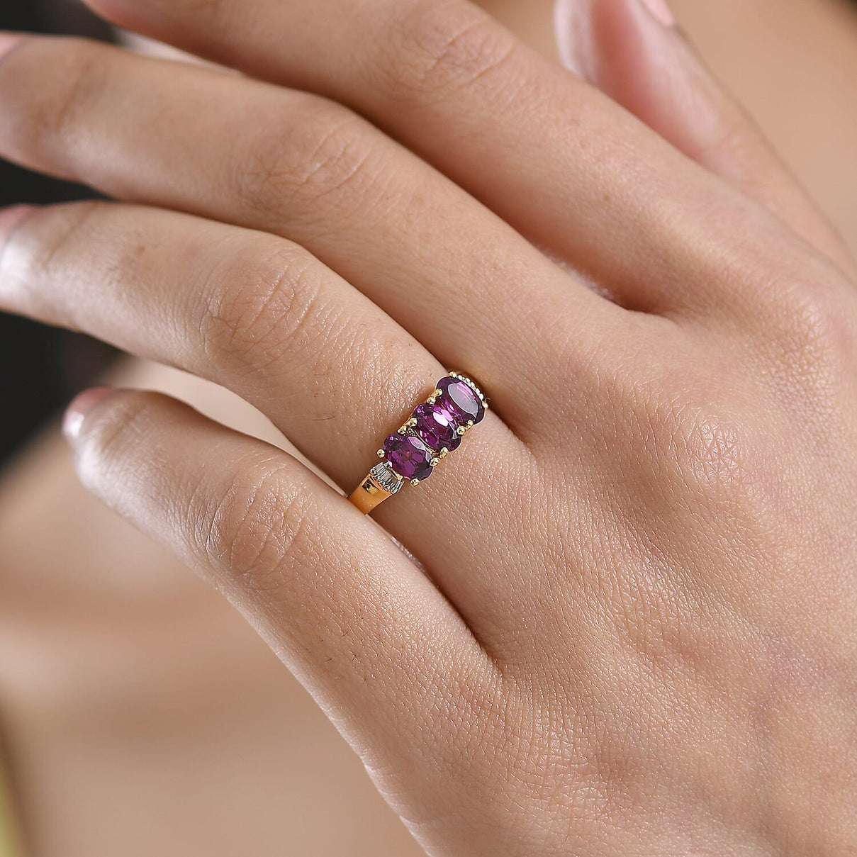 D'Joy Radiant Ember Garnet, White Diamond 3 Stone Ring in 18K Vermeil Yellow Gold Plated Sterling Silver 1.73 Ct. V32538583 3