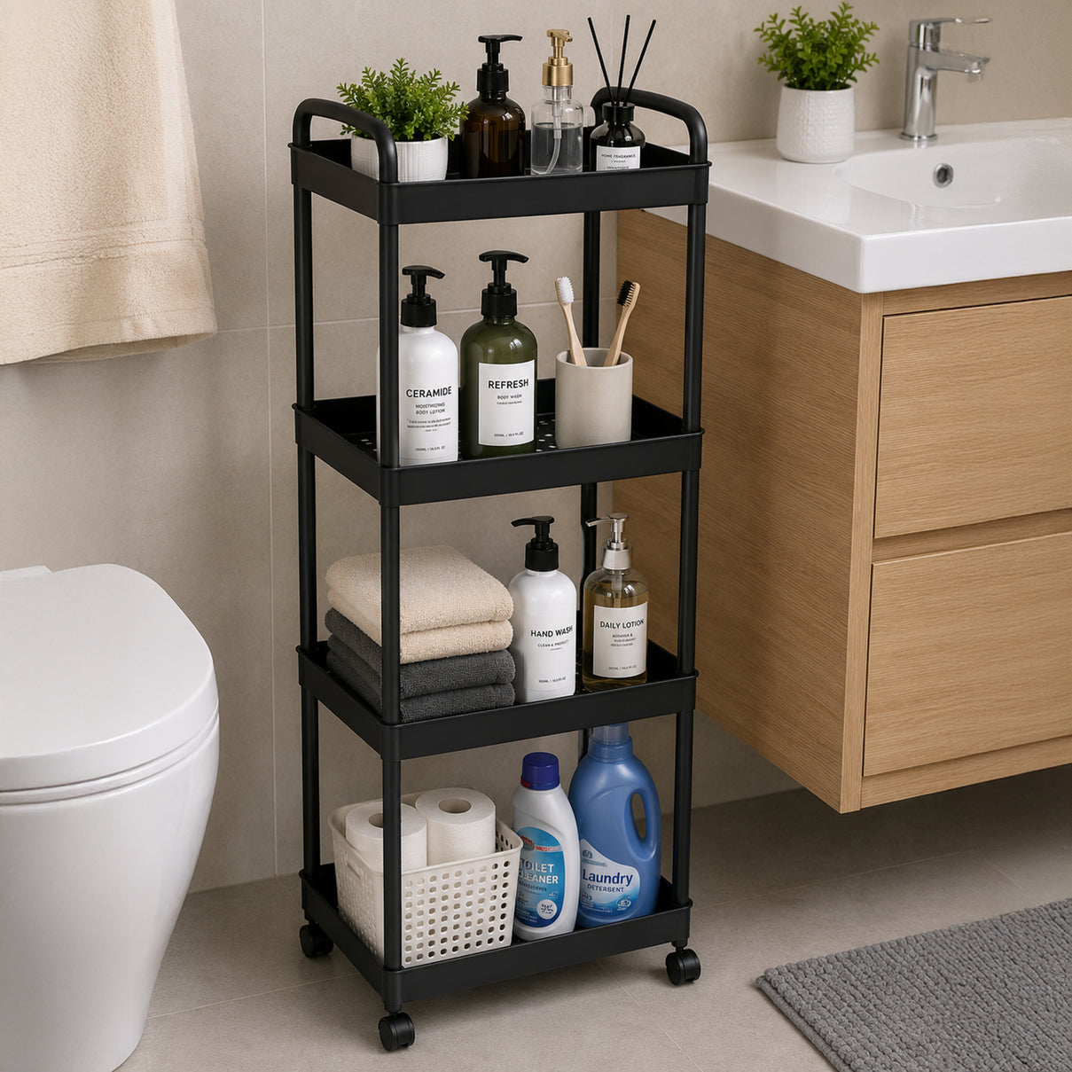 4-Tier Mobile Storage Trolley on Wheels (30x20x83 cm) - Black V32512438 2