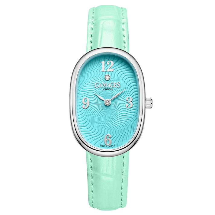 GAMAGES OF LONDON Dreamy Diamond Swiss Quartz 3ATM WR Turquoise Blue Dial &amp; Steel Case Ladies Watch with Teal Leather Strap 8433936 1