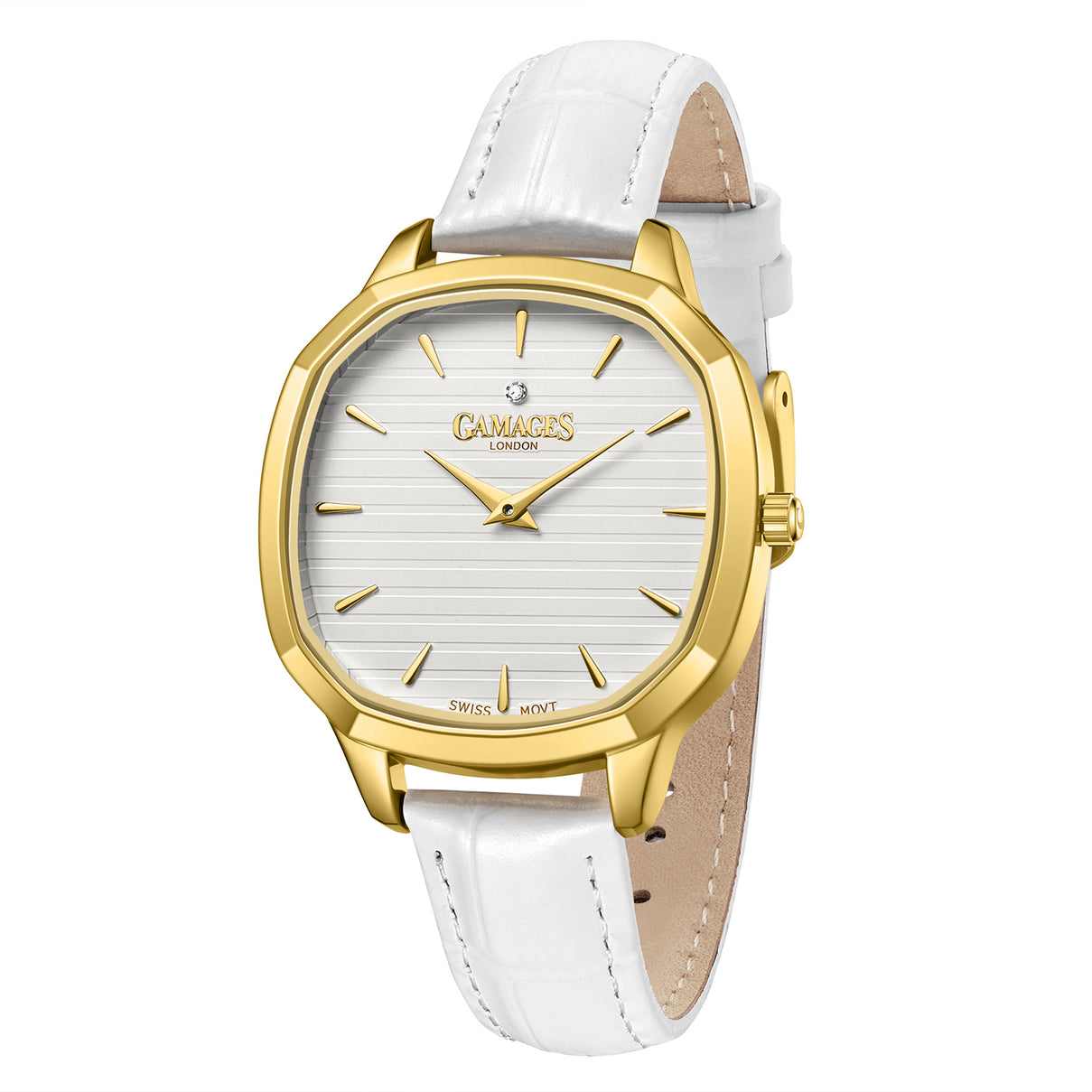 GAMAGES OF LONDON Glamorous Diamond Swiss Quartz 3ATM WR Ivory White Dial &amp; Gold Case Ladies Watch with White Leather Strap V32516172 2