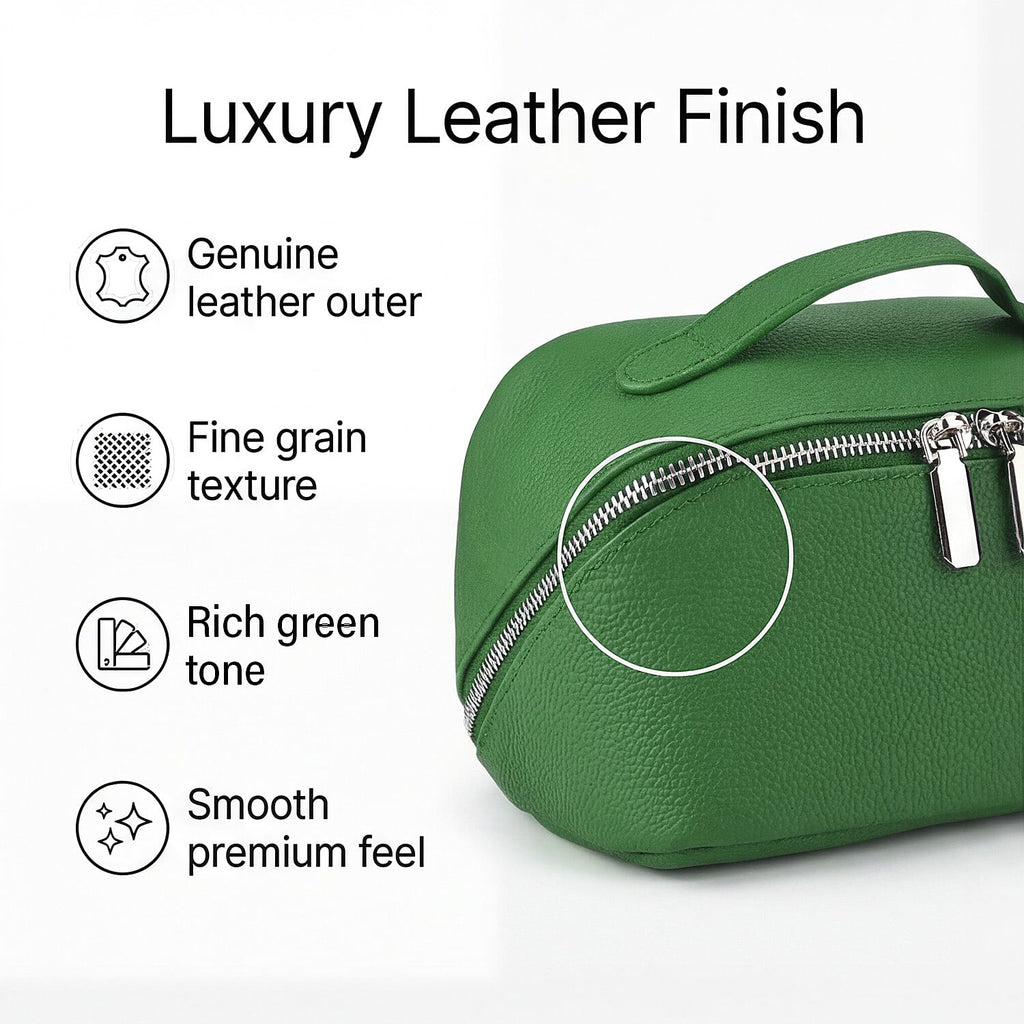 Genuine Leather Luxury Compact Cosmetic Travel Bag - Green