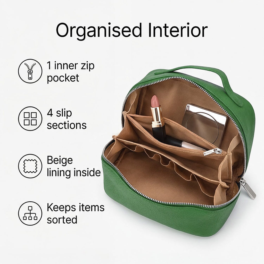 Genuine Leather Luxury Compact Cosmetic Travel Bag - Green