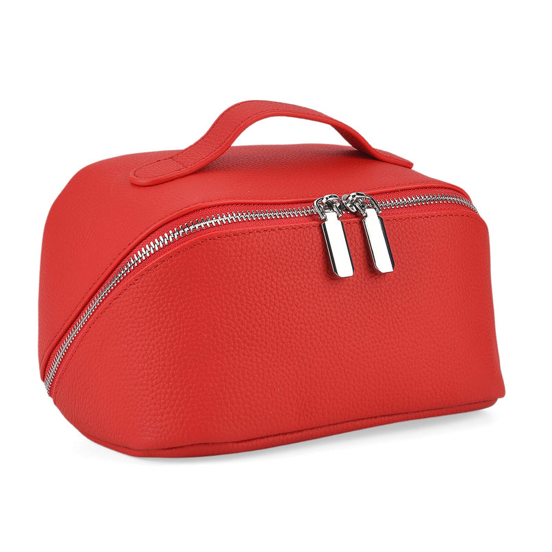 Genuine Leather Luxury Compact Cosmetic Travel Bag - Red