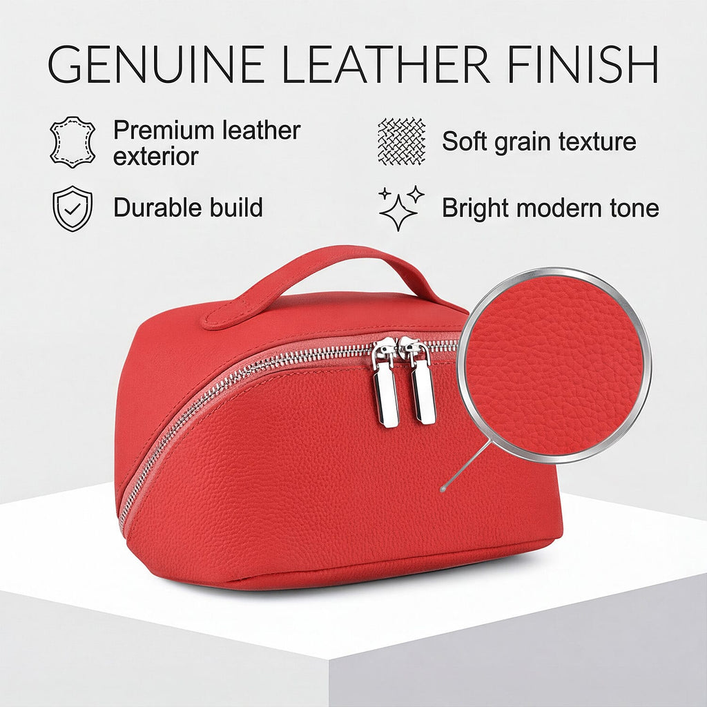 Genuine Leather Luxury Compact Cosmetic Travel Bag - Red