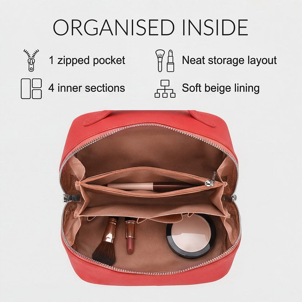 Genuine Leather Luxury Compact Cosmetic Travel Bag - Red