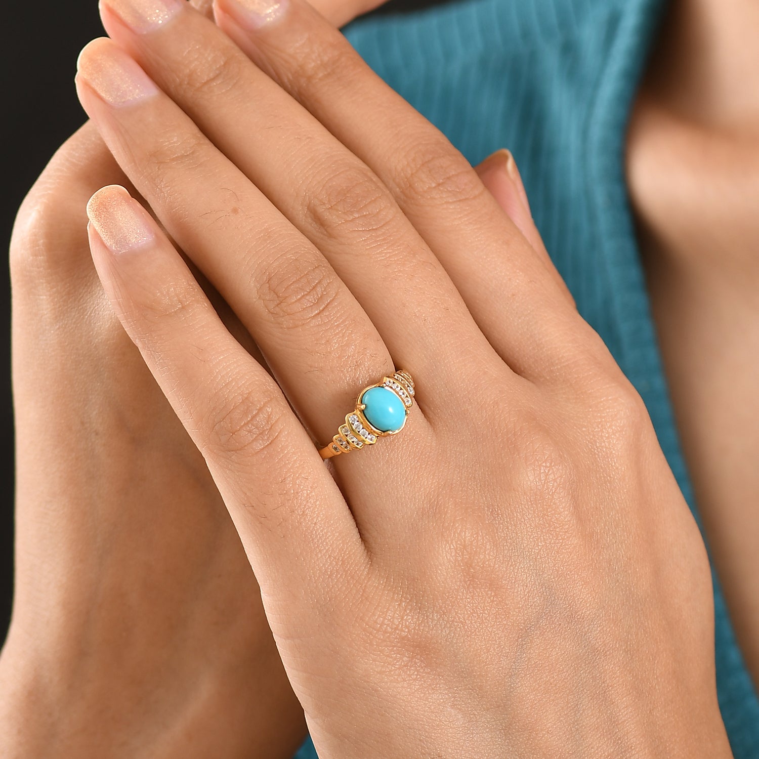 D'Joy Sleeping Beauty Turquoise, White Zircon Ring in Yellow Gold Plated Sterling Silver 1.53 Ct. V32519951 2