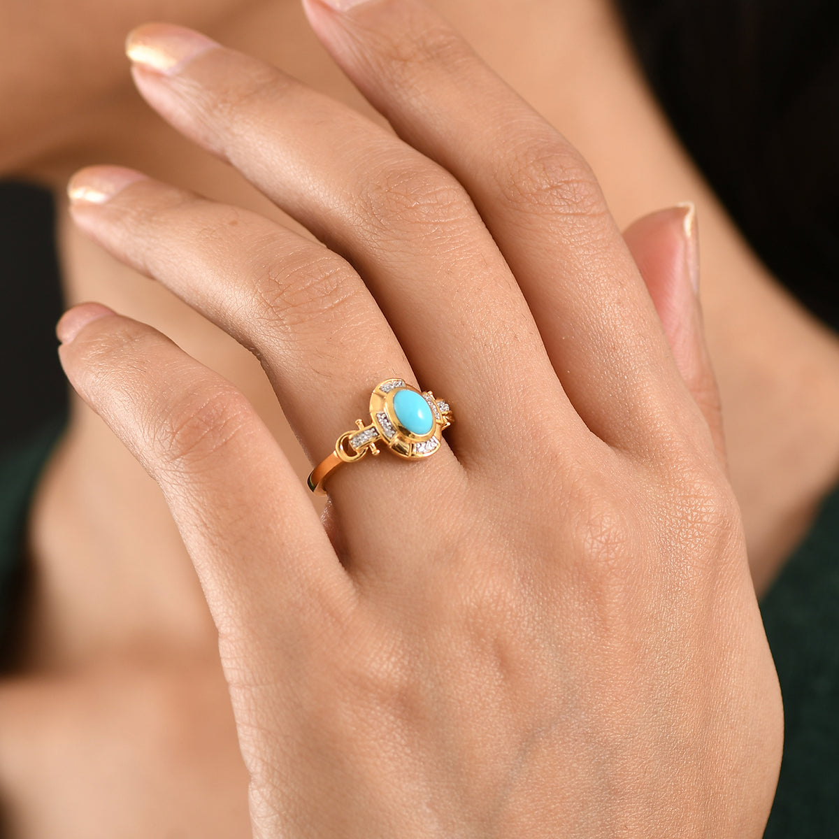 D'Joy Sleeping Beauty Turquoise, White Zircon Halo Ring in Yellow Gold Plated Sterling Silver 1.00 Ct. V32514564 2