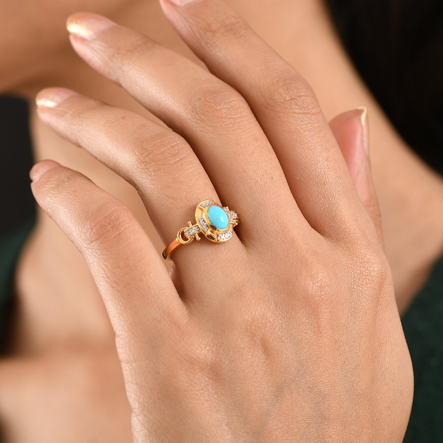 D'Joy Sleeping Beauty Turquoise, White Zircon Halo Ring in Yellow Gold Plated Sterling Silver 1.00 Ct. V32514564 2