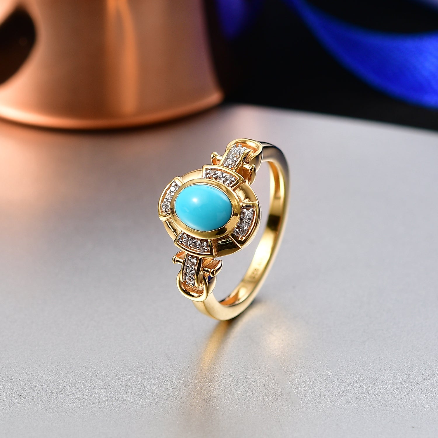 D'Joy Sleeping Beauty Turquoise, White Zircon Halo Ring in Yellow Gold Plated Sterling Silver 1.00 Ct. V32514564 3