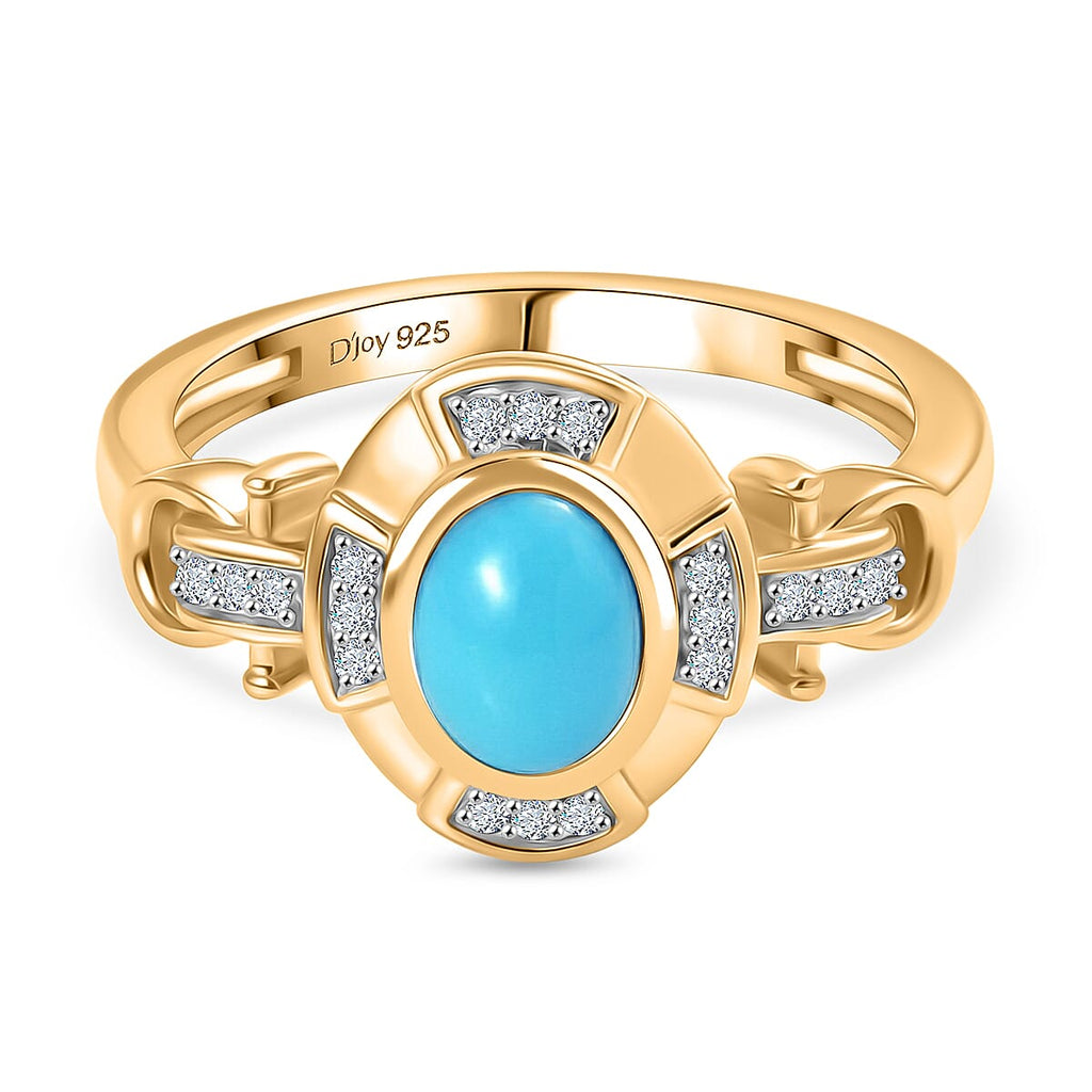 D'Joy Sleeping Beauty Turquoise & White Zircon Cabochon Halo Ring in Yellow Gold Plated Sterling Silver 1.00 Ct._8435736