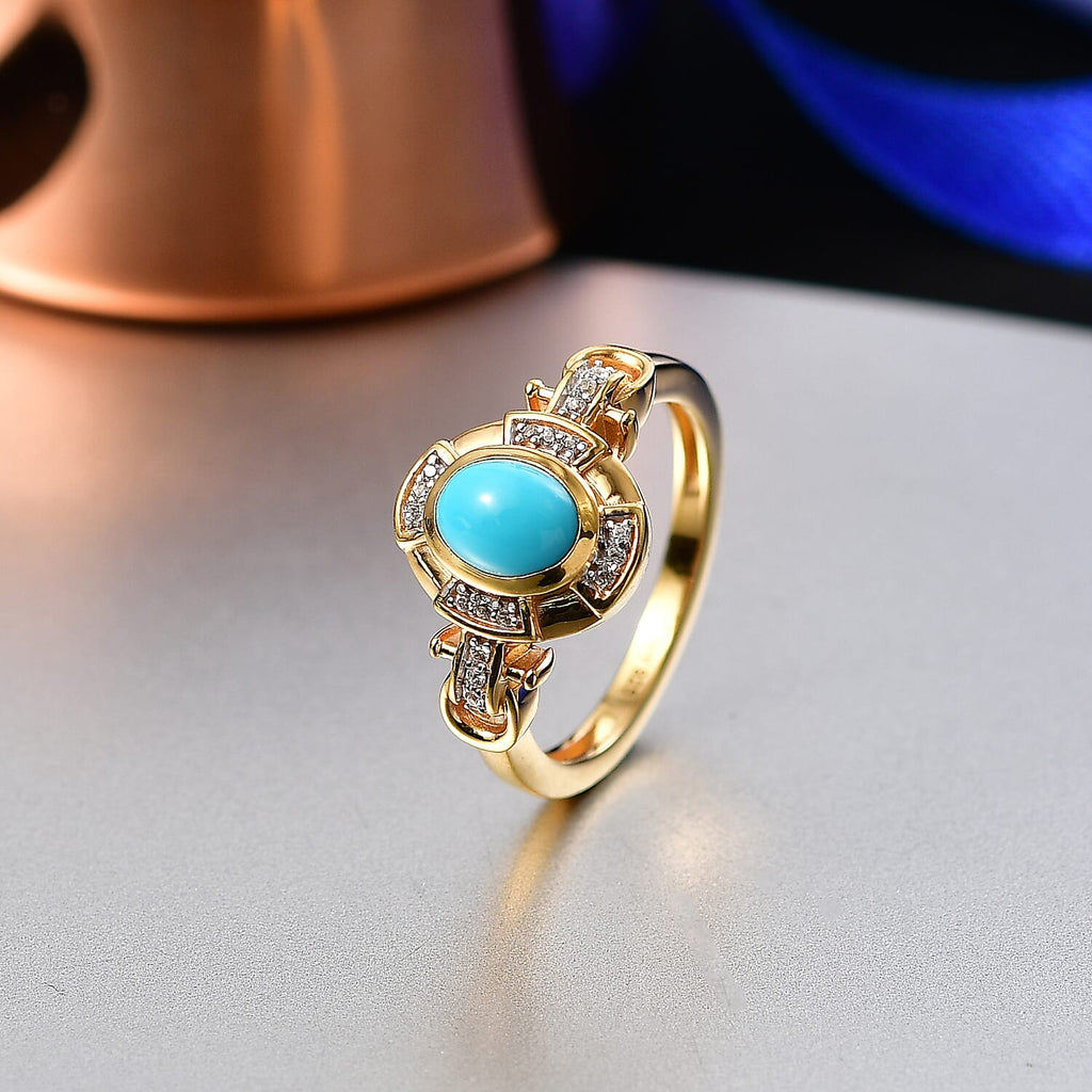 D'Joy Sleeping Beauty Turquoise & White Zircon Cabochon Halo Ring in Yellow Gold Plated Sterling Silver 1.00 Ct._8435738_2
