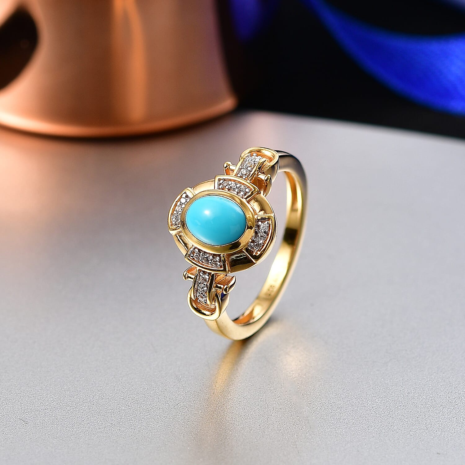 D'Joy Sleeping Beauty Turquoise, White Zircon Halo Ring in Yellow Gold Plated Sterling Silver 1.00 Ct. V32539541 3