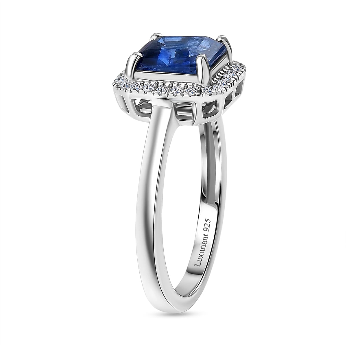AAA Natural Kashmir Kyanite &amp; SI-G/H Lab Grown Diamond Halo Ring in Rhodium Overlay Sterling Silver 2.13 Ct. V32531809 4