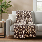 Nature-Inspired Leaf Motif Printed Flannel Blanket (220 x 150cm) - Chocolate Brown & Cream_8436295