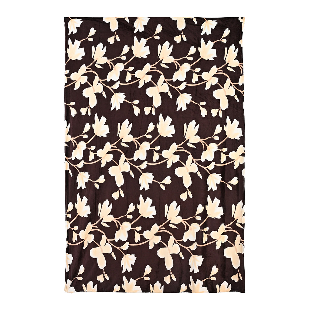 Nature-Inspired Leaf Motif Printed Flannel Blanket (220 x 150cm) - Chocolate Brown & Cream_8436295_3