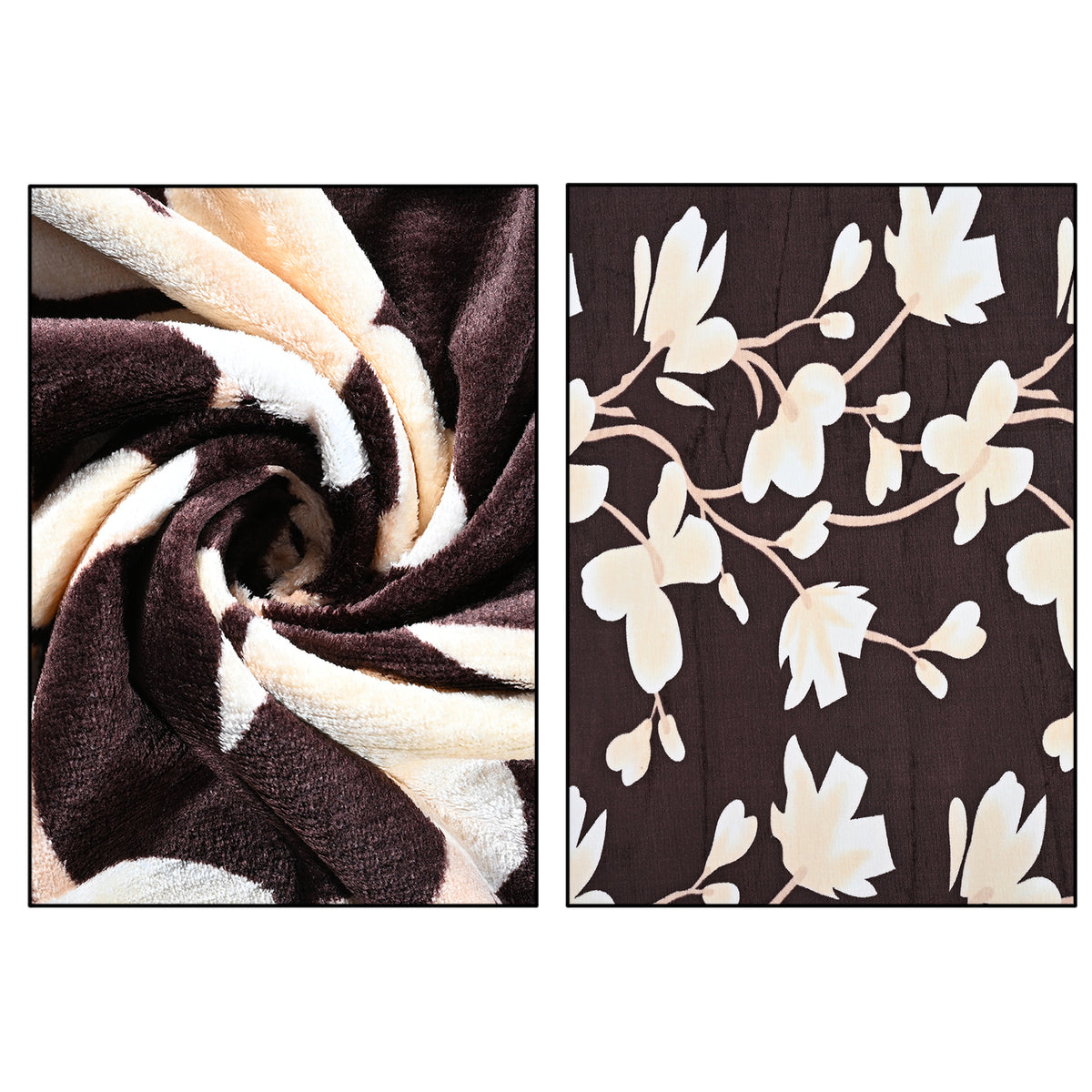 Nature-Inspired Leaf Motif Printed Flannel Blanket (220 x 150cm) - Chocolate Brown &amp; Cream V32514959 8