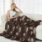 Nature-Inspired Leaf & Floral Motif Printed Flannel Blanket (200 x 150cm) - Chocolate Brown & Beige_8436296_1