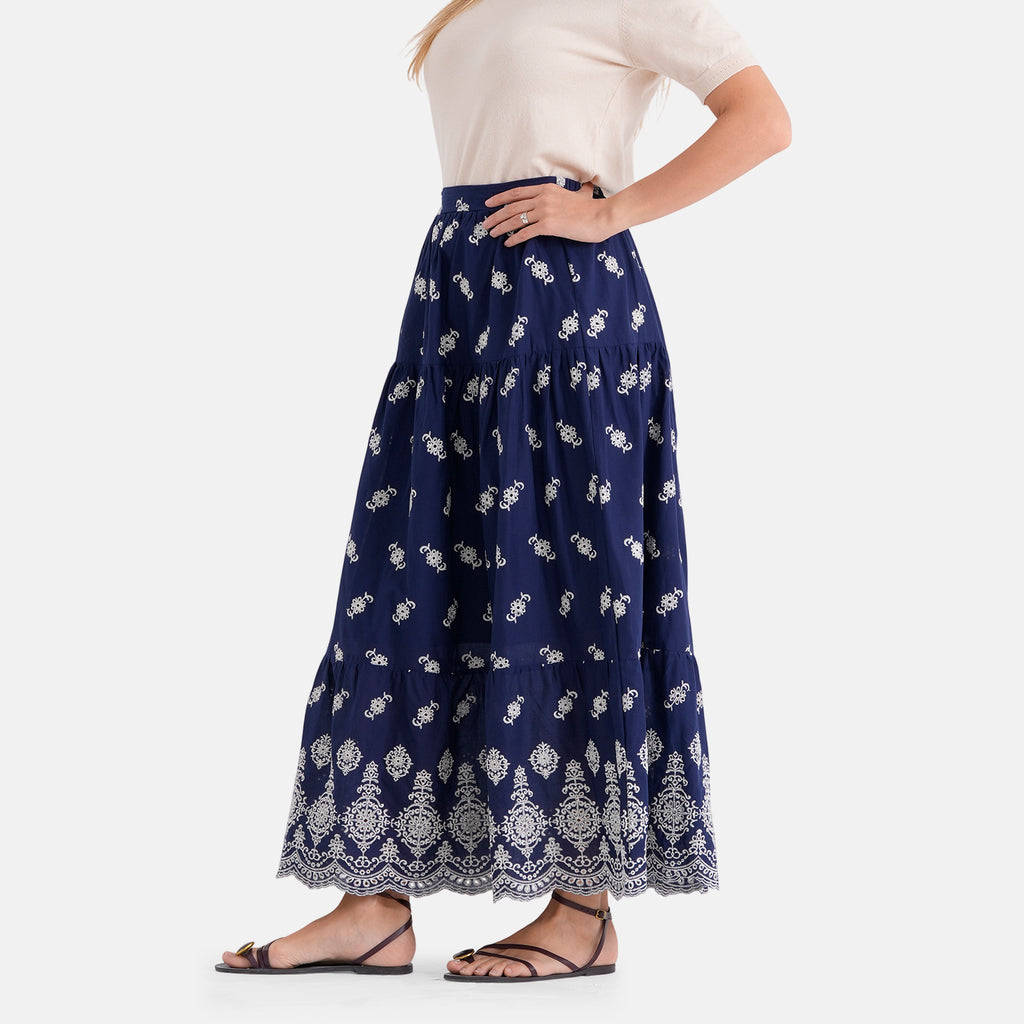 La Marey 100% Cotton Embroidered Skirt (Size XL, 20-22) - Navy Blue And White_8437545_3