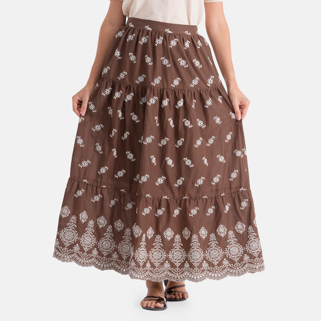 La Marey 100% Cotton Embroidered Skirt (Size L, 16-18) - Coffee Brown_8437548