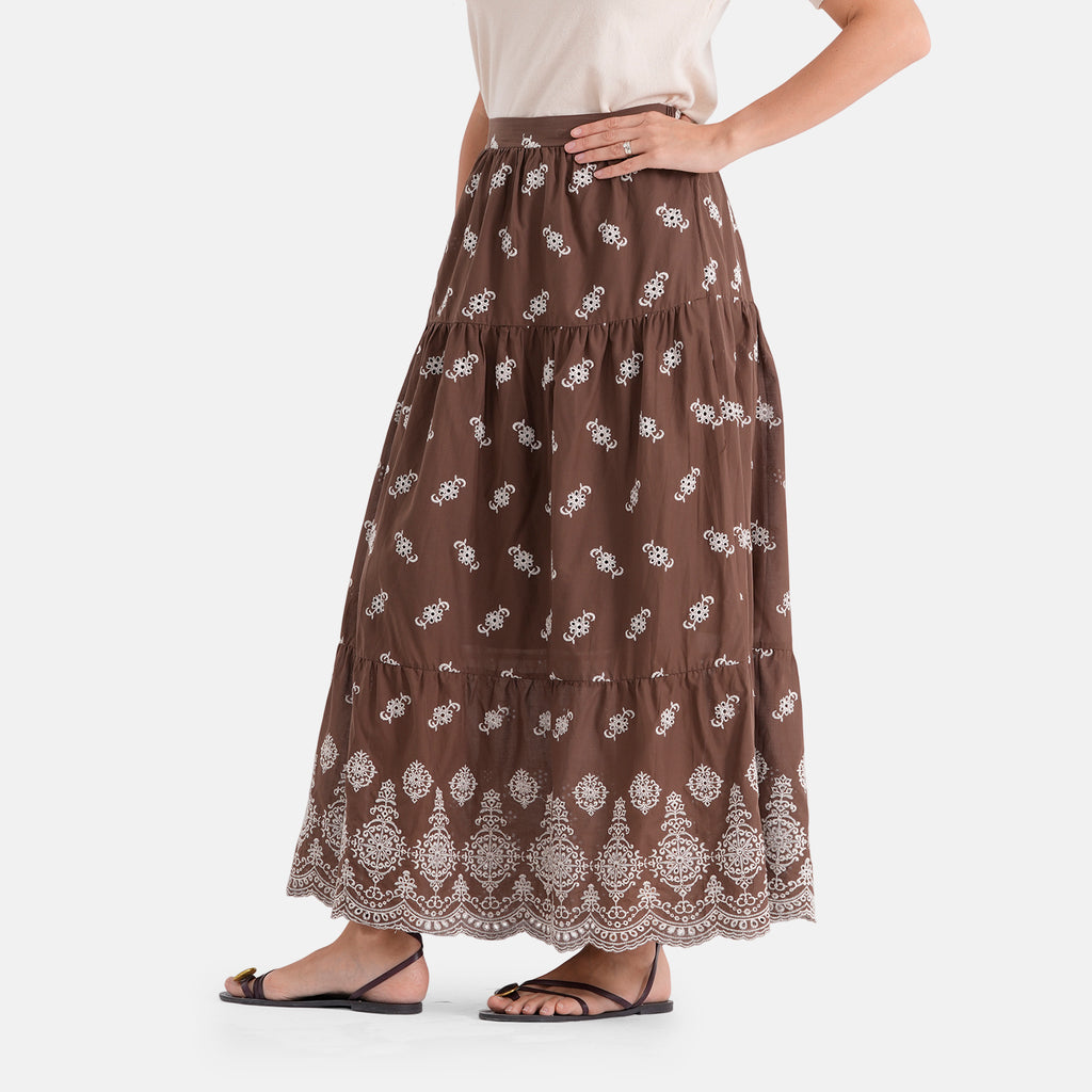 La Marey 100% Cotton Embroidered Skirt (Size L, 16-18) - Coffee Brown_8437548_3