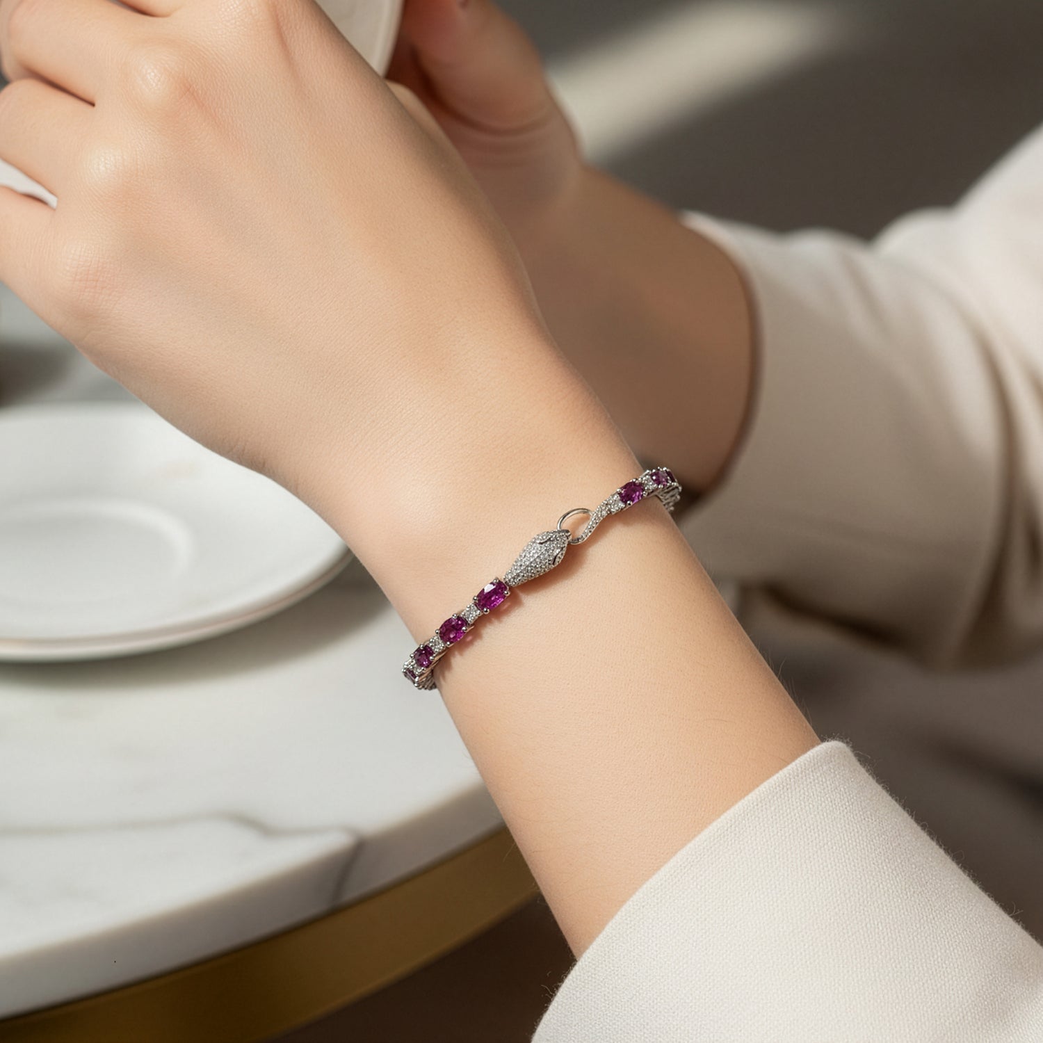 D'Joy Natural Radiant Ember Garnet &amp; Moissanite Tennis Bracelet (Size - 7.5) with GB Lock Box in Rhodium Overlay Sterling Silver 6.88 Ct. 8437769 3