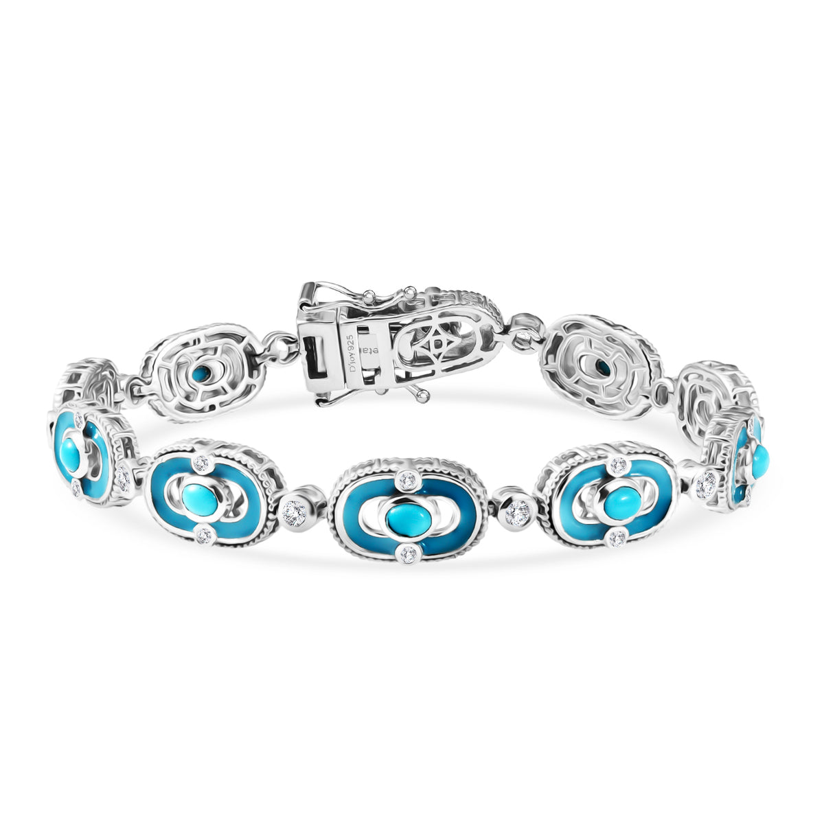 D'Joy Sleeping Beauty Turquoise &amp; White Zircon Station Bracelet (Size - 7.5) with GB Lock Box in Rhodium Overlay Sterling Silver 2.94 Ct, Silver Wt. 17.87 Gms V32533145 0