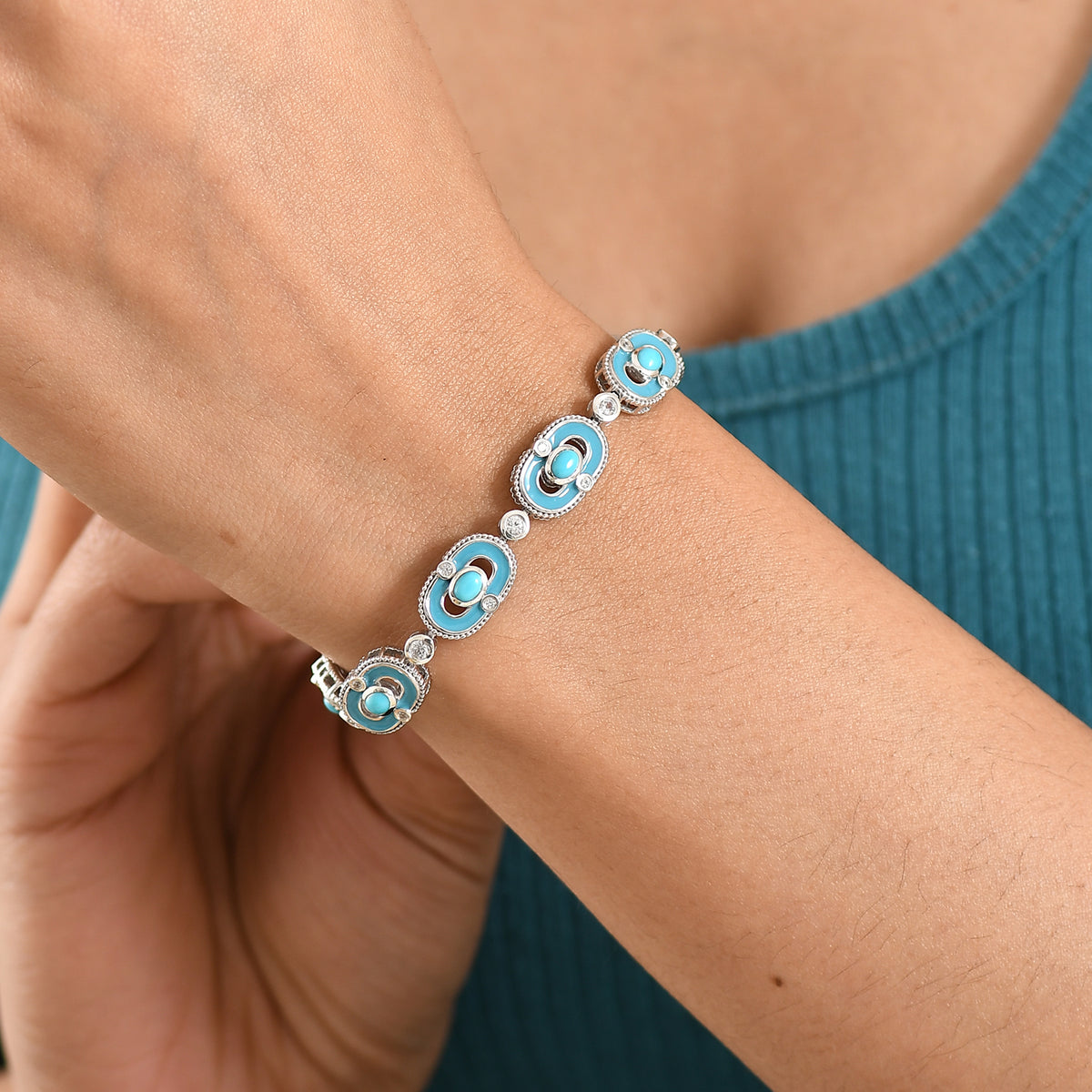 D'Joy Sleeping Beauty Turquoise &amp; White Zircon Station Bracelet (Size - 7.5) with GB Lock Box in Rhodium Overlay Sterling Silver 2.94 Ct, Silver Wt. 17.87 Gms V32533145 2