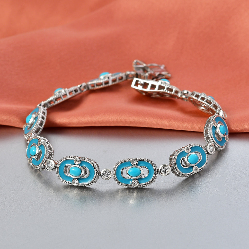 D'Joy Sleeping Beauty Turquoise & White Zircon Station Bracelet (Size - 7.5) with GB Lock Box in Rhodium Overlay Sterling Silver 2.94 Ct, Silver Wt. 17.87 Gms_8438221_2