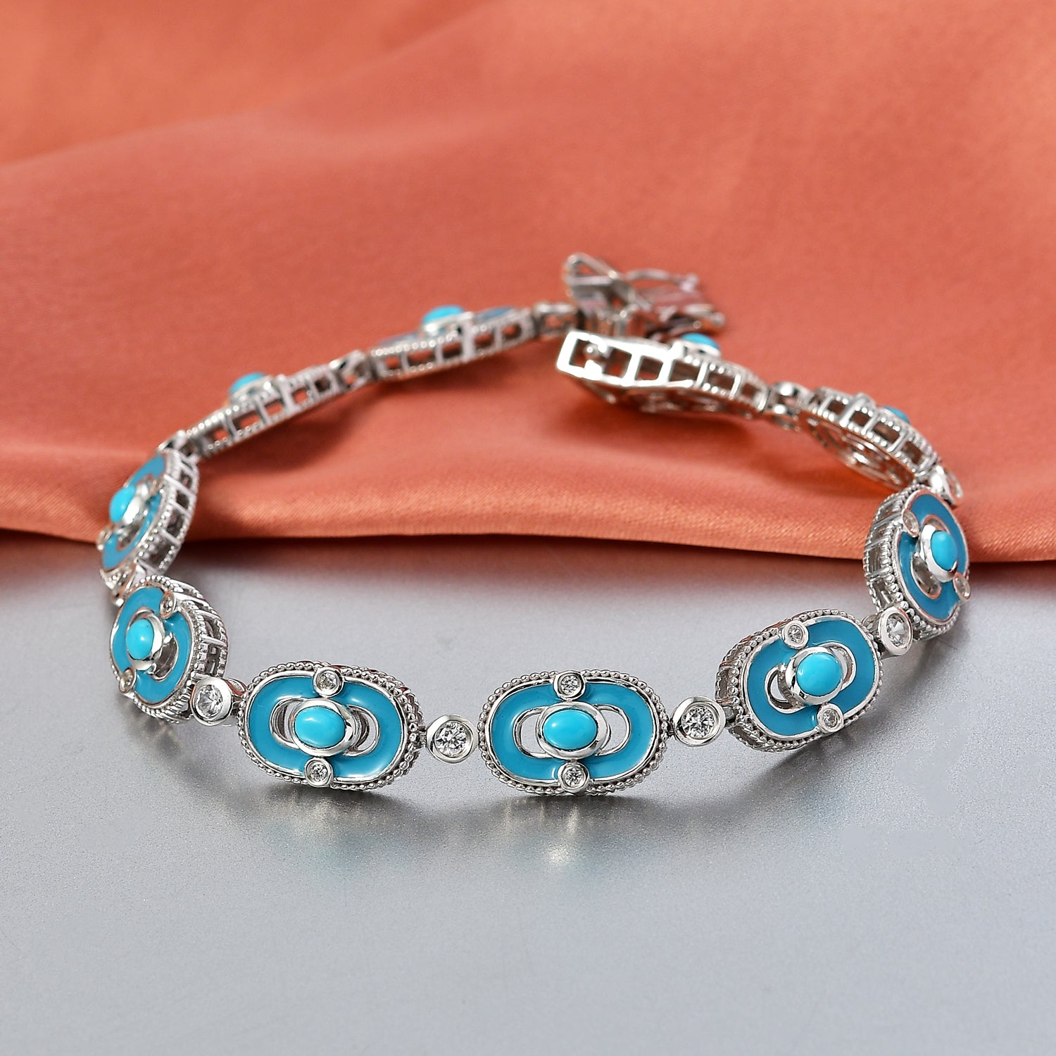 D'Joy Sleeping Beauty Turquoise &amp; White Zircon Station Bracelet (Size - 7.5) with GB Lock Box in Rhodium Overlay Sterling Silver 2.94 Ct, Silver Wt. 17.87 Gms V32533145 3