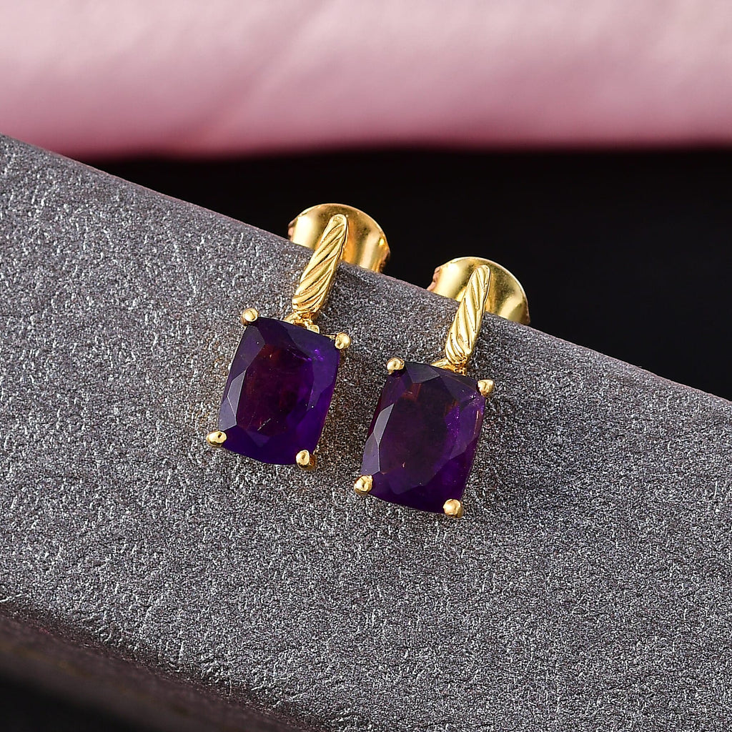 D'Joy - AAA African Amethyst Solitaire Earring with Push Back in Yellow Gold Plated Sterling Silver 2.85 Ct._8438721_2