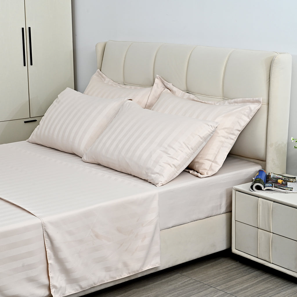 LIVMORE 6-Piece Luxury Hotel-Style Striped Bedding Sheet Set - Inc. Duvet Cover, Fitted Sheet, 2 Housewife Pillowcases & 2 Oxford Pillowcases (225 x 220 cm, King) - Beige_8438858