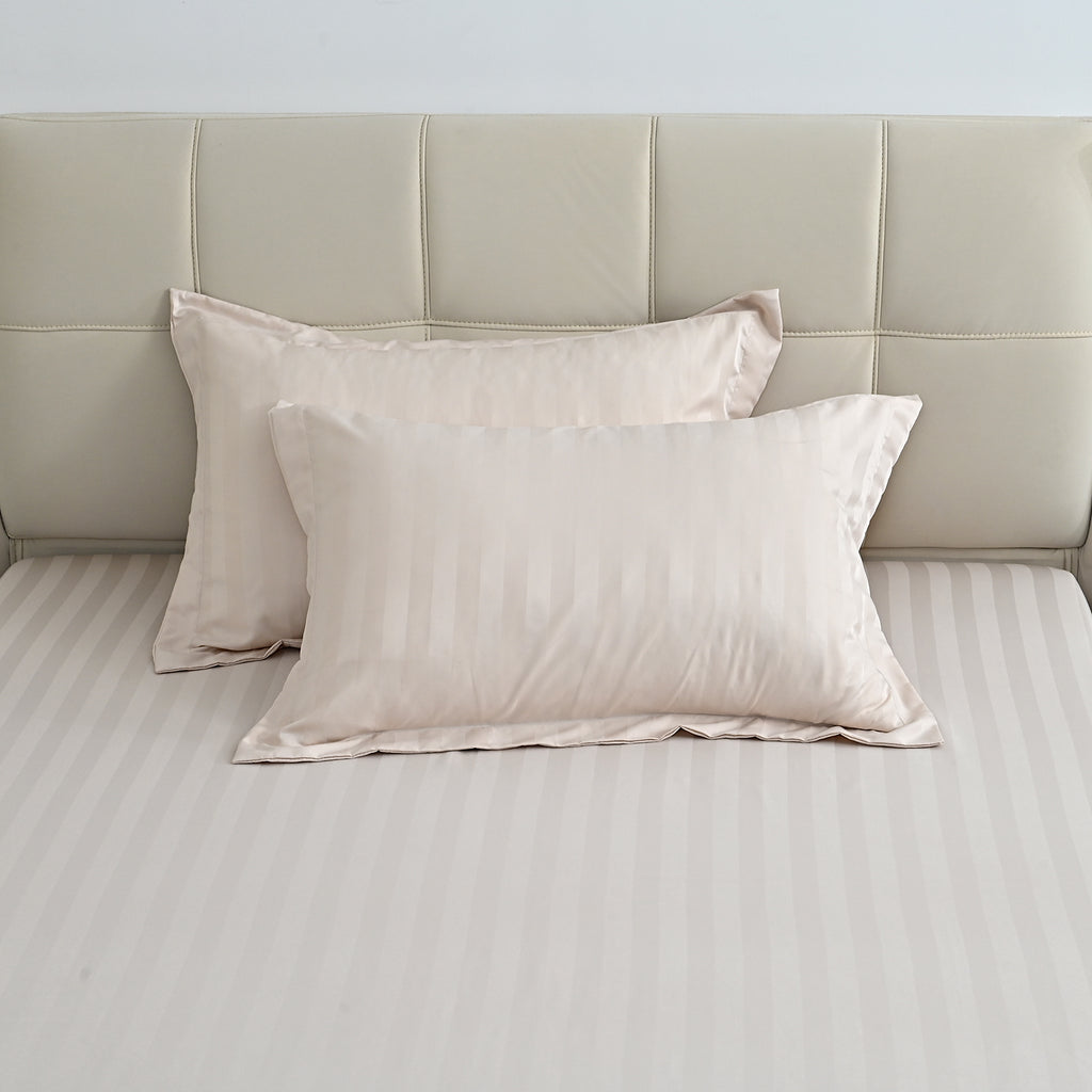 LIVMORE 6-Piece Luxury Hotel-Style Striped Bedding Sheet Set - Inc. Duvet Cover, Fitted Sheet, 2 Housewife Pillowcases & 2 Oxford Pillowcases (225 x 220 cm, King) - Beige_8438858_2