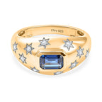 D'Joy AAA Natural Kashmir Kyanite Octagon & White Zircon Star Signet Ring in Yellow Gold Plated Sterling Silver_8438917
