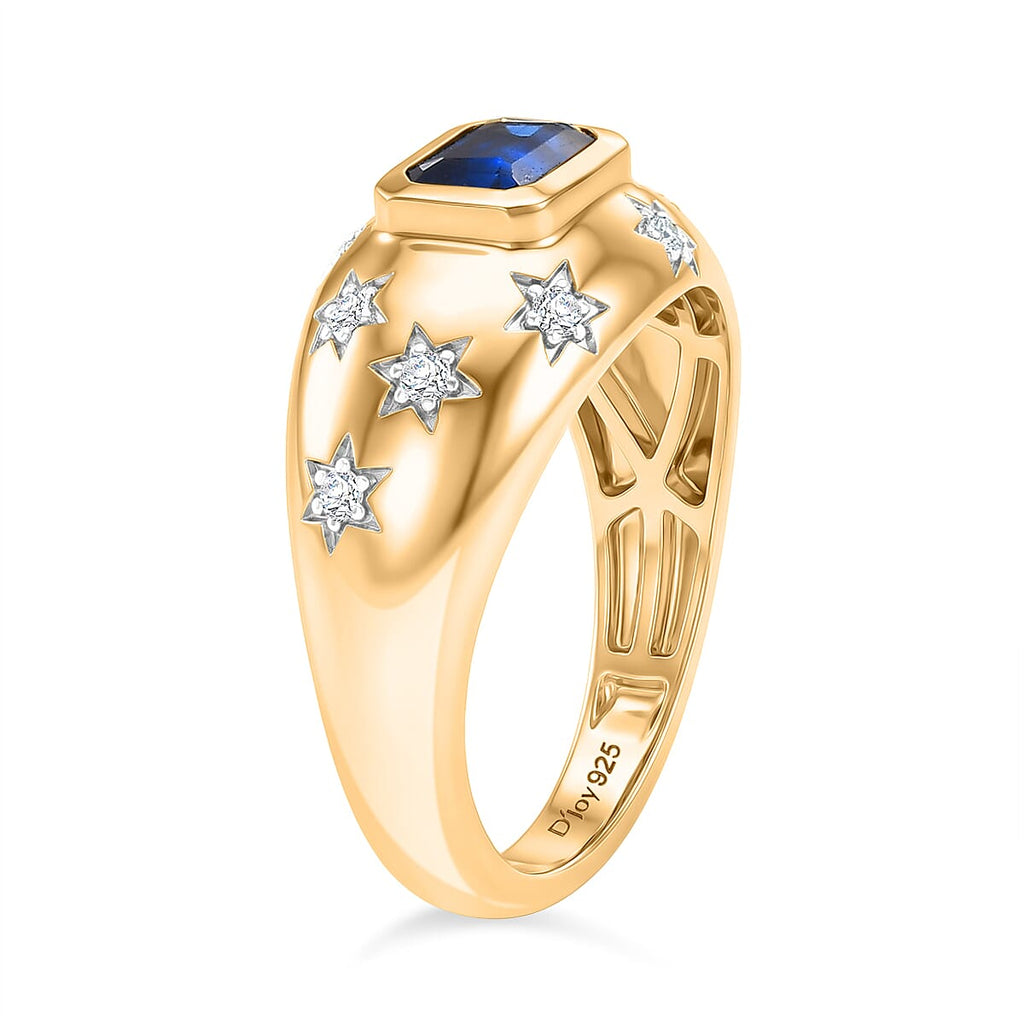 D'Joy AAA Natural Kashmir Kyanite Octagon & White Zircon Star Signet Ring in Yellow Gold Plated Sterling Silver_8438917_3