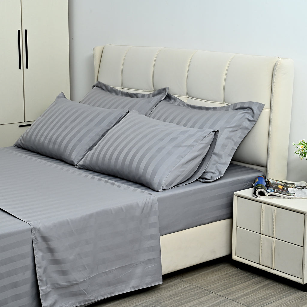 LIVMORE 6-Piece Luxury Hotel-Style Striped Bedding Sheet Set - Inc. Duvet Cover, Fitted Sheet, 2 Housewife Pillowcases & 2 Oxford Pillowcases (200 x 200 cm, Double) - Light Grey_8438986
