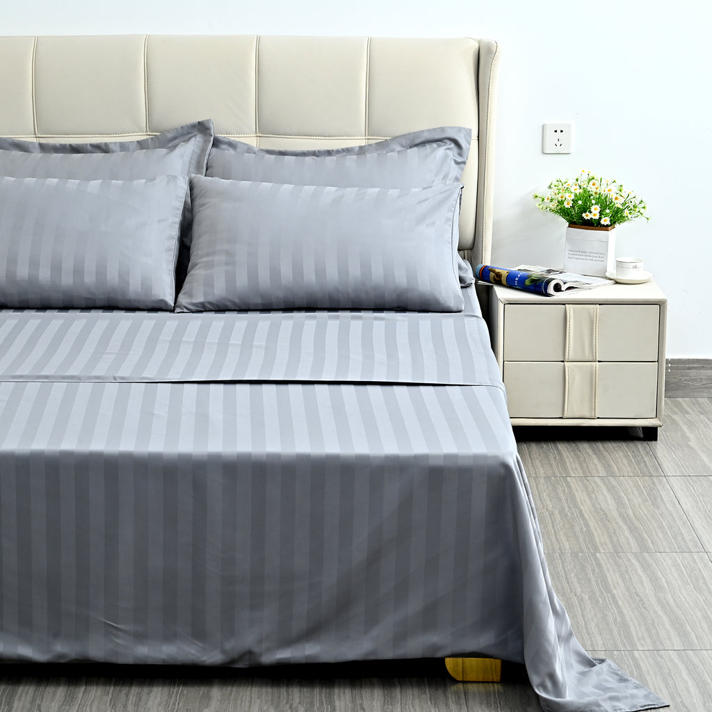LIVMORE 6-Piece Luxury Hotel-Style Striped Bedding Sheet Set - Inc. Duvet Cover, Fitted Sheet, 2 Housewife Pillowcases & 2 Oxford Pillowcases (200 x 200 cm, Double) - Light Grey_8438986_1