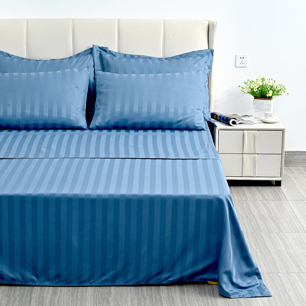 LIVMORE 6-Piece Luxury Hotel-Style Striped Bedding Sheet Set - Inc. Duvet Cover, Fitted Sheet, 2 Housewife Pillowcases & 2 Oxford Pillowcases (200 x 200 cm, Double) - Blue_8438988_1