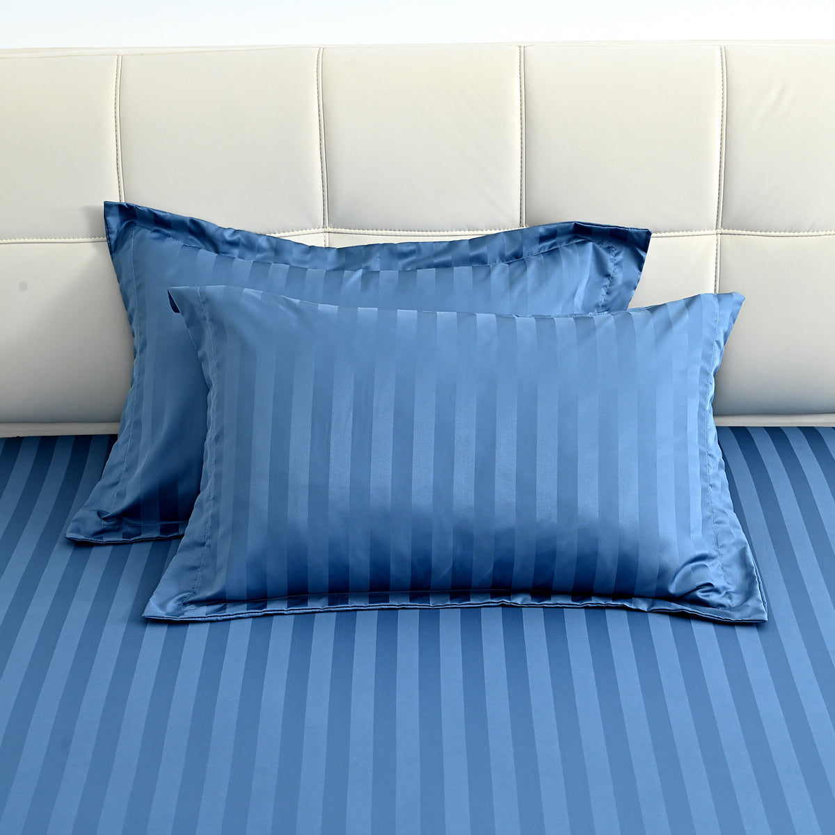 LIVMORE 6-Piece Luxury Hotel-Style Striped Bedding Sheet Set - Inc. Duvet Cover, Fitted Sheet, 2 Housewife Pillowcases &amp; 2 Oxford Pillowcases (225 x 220 cm, King) - Blue V32518782 3