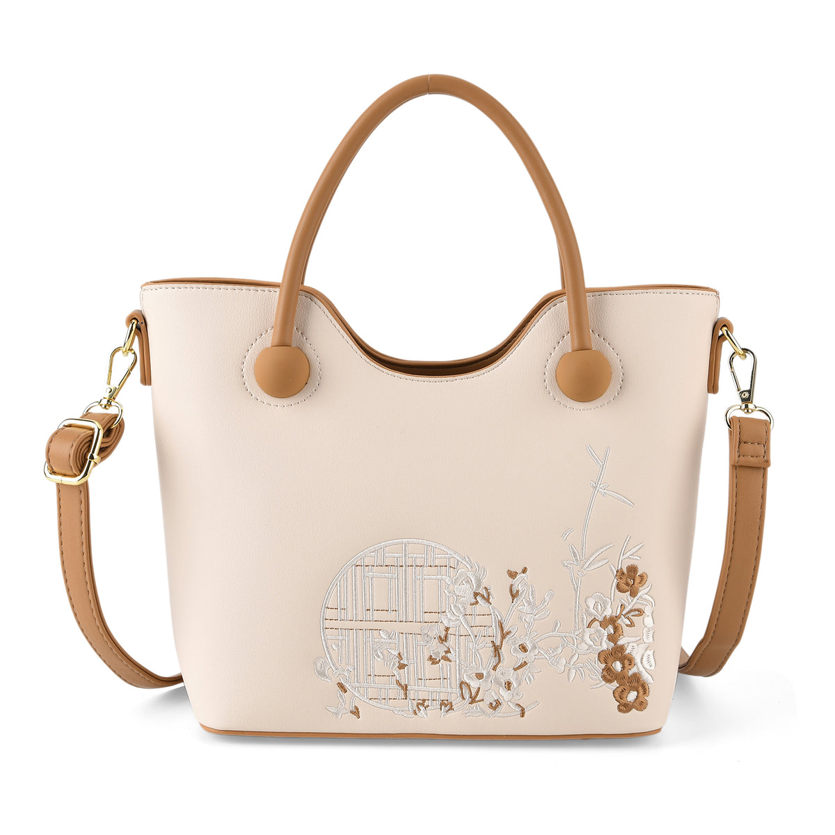 Designer Inspired Tote Handbag with Shoulder Strap - Brown &amp; White V32519986 0